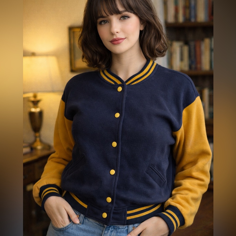 Vintage Huntington Ridge Varsity Jacket Navy Gold Cropped Medium Snaps Academia